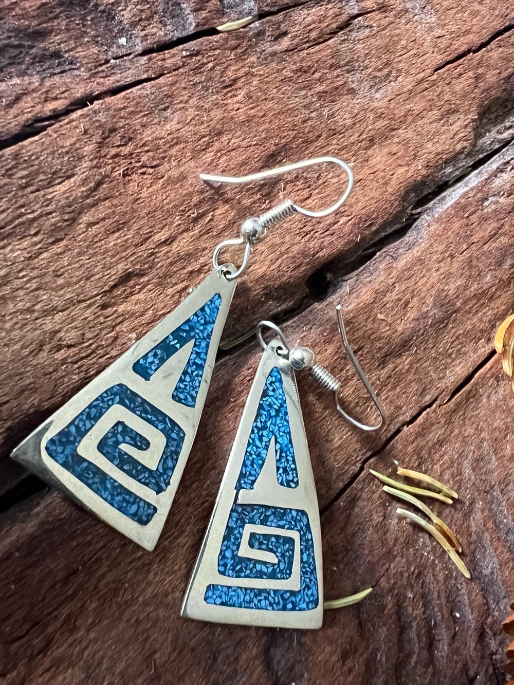 Mexico Alpaca Earrings Crushed Blue Turquoise Drop Hooks Water Pyramids Symbol
